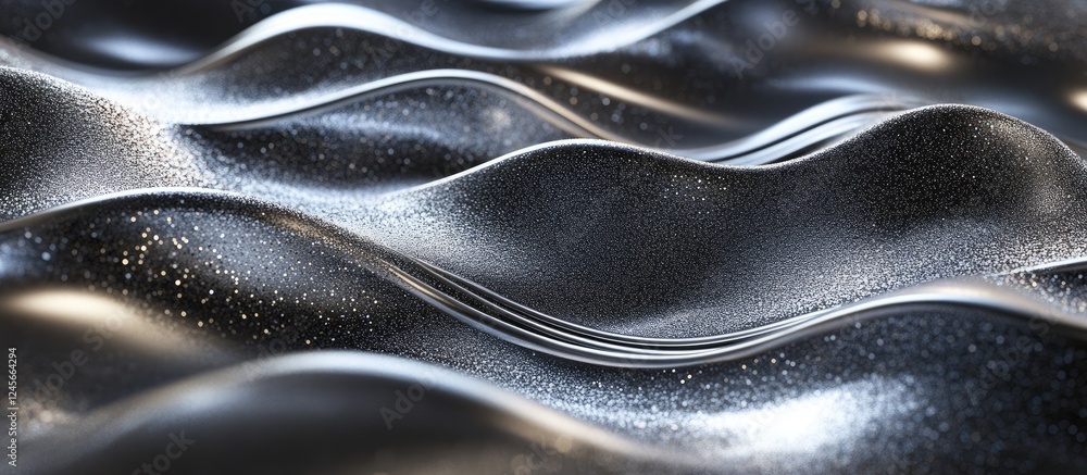 Poster silver glitter texture with waves creating a shimmering effect; dynamic sound wave pattern in dark t