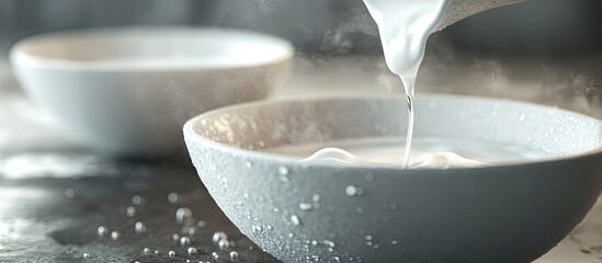 Pouring fresh white milk into a textured gray bowl with steam rising, on a rustic kitchen surface, creating a cozy baking atmosphere.
