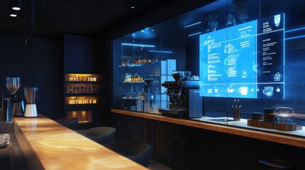 Modern Coffee Shop Interior with Sleek Design and Digital Menu