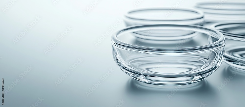Poster clear glass bowls arranged in a line on the left side with ample blurred space on the right for text