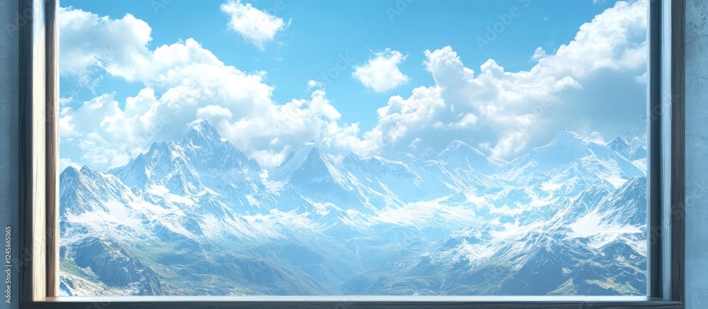 Poster cozy cabin window view of majestic snowy mountain range under clear blue sky with fluffy white cloud