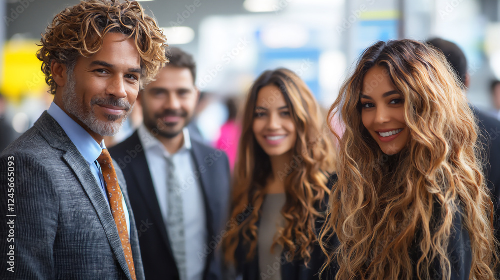 Poster multiracial group engaging in networking conversations at a business even