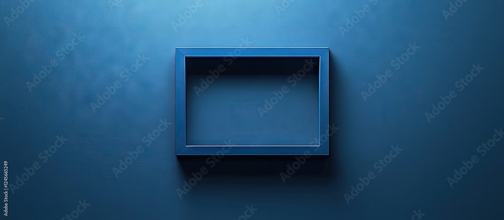 Poster blue rectangular frame design with a cut-out logotype on a textured deep blue background, creating a