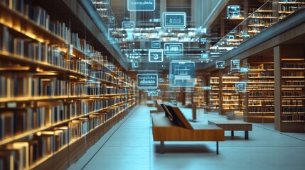 Fototapeta premium Futuristic Library with Digital Information Overlays and Modern Design