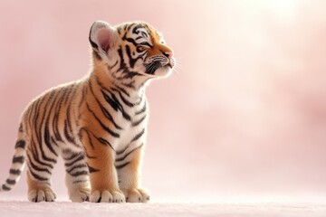 Obraz premium A cute tiger cub stands gracefully against a soft pink background.