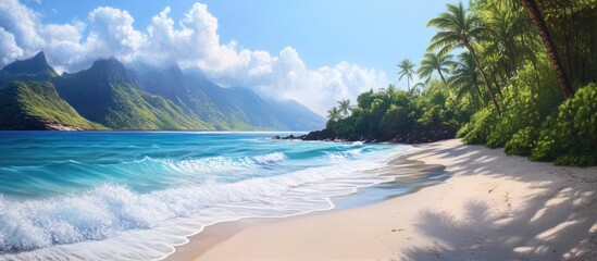 Obraz premium Stunning tropical coastline with turquoise waves rolling onto soft white sand under a bright blue sky surrounded by lush green palms and mountains