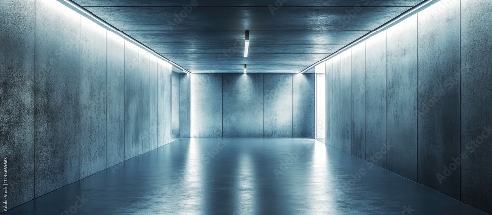 Poster modern industrial hallway with metallic walls and bright linear lighting creating a spacious, reflec