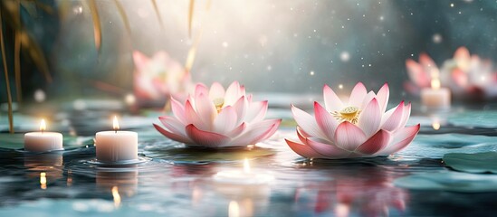 Serene therapeutic setting with pink lotus flowers and glowing candles on tranquil water, soft blue and green hues creating a calming atmosphere