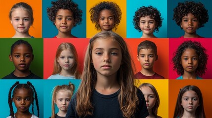 A captivating display of diverse children featuring various expressions against colorful backdrops. Each unique face reflects individuality and emotion, creating a vibrant tapestry of youth