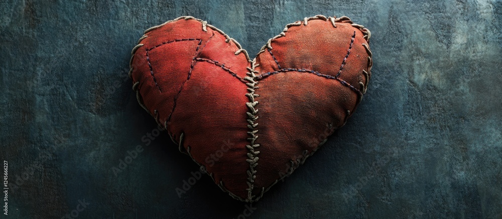 Poster stitched fabric heart patch in deep red and brown tones centered on a textured dark background highl