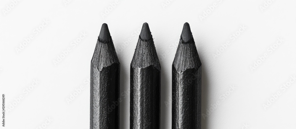 Poster three sharpened black pencil crayons arranged in a row on a smooth white background emphasizing thei