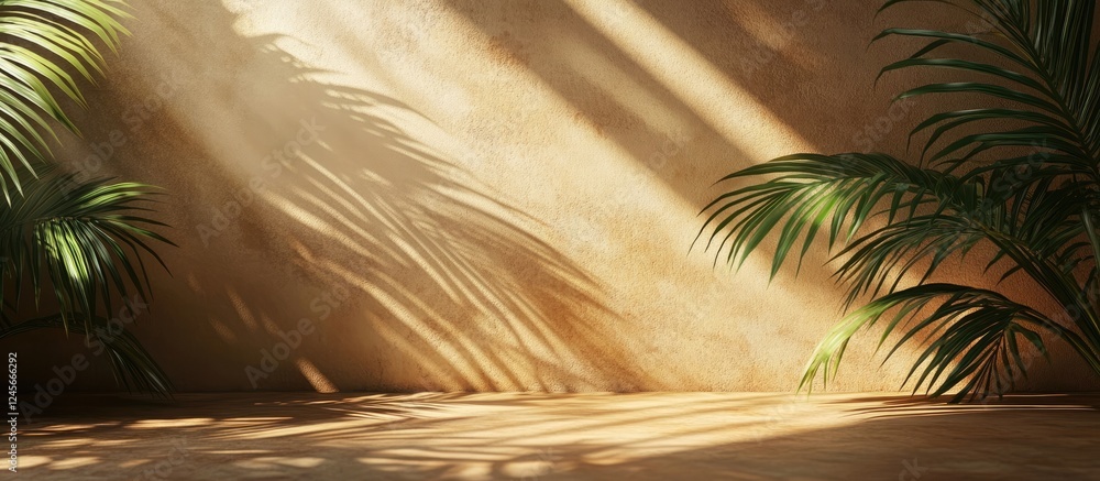 Poster sunlit wall with soft shadows and green palm leaves casting intricate patterns on warm beige backgro