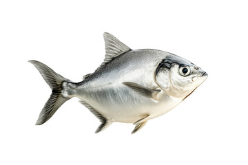 Fototapeta premium A silver Pomfret fish with striking details of fins and scales isolated on white Transparent background. Represents aquatic life and marine biology