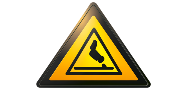 A bright yellow triangle with a bold black border, featuring a hazard symbol, isolated on a transparent background, conveying a strong warning message
