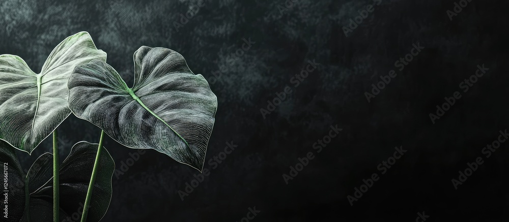 Poster lush green leaves with intricate textures on a dark background creating an elegant contrast emphasiz