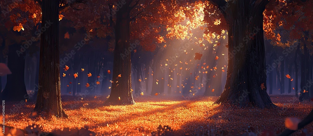 Poster autumn forest at dawn with orange and yellow leaves, sunlight filtering through dark tree trunks, cr