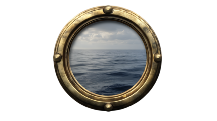 A detailed boat ship porthole with a brass frame and a slightly open window, isolated on a transparent background, evoking a sea voyage feel