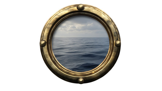 A detailed boat ship porthole with a brass frame and a slightly open window, isolated on a transparent background, evoking a sea voyage feel