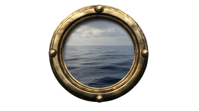 A detailed boat ship porthole with a brass frame and a slightly open window, isolated on a transparent background, evoking a sea voyage feel