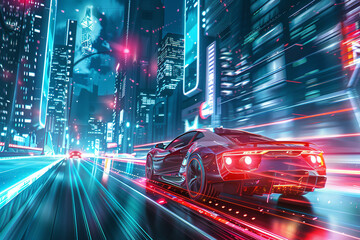 A red sports car is driving down a wet street in a city, night, with the street lights illuminating the area, earn gaming crypto tokens and cryptocurrency project future.