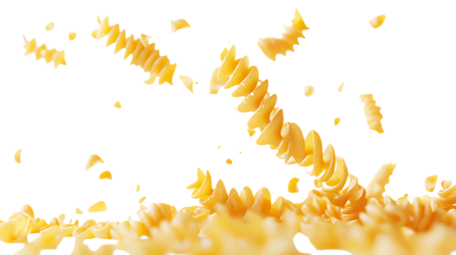 A dynamic scene of fusilli pasta spirals tumbling down, isolated on a clean white background, evoking a playful, cooking moment