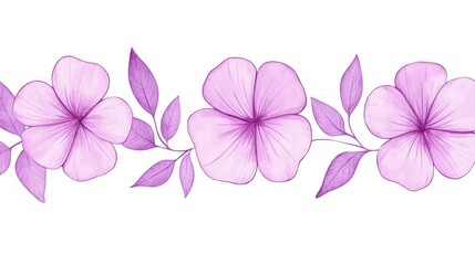 Fototapeta premium Delicate pink flowers with leaves arranged in a seamless pattern on a white background