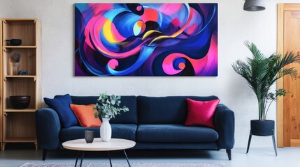 A bold, energetic display of vivid swirling shapes and curves, bursting with neon blues, pinks, and purples