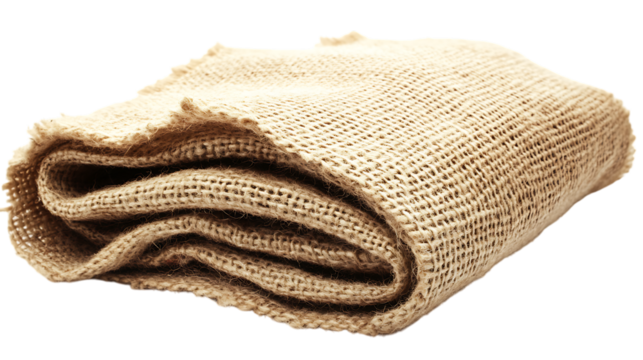A gently folded section of burlap fabric, isolated on a transparent background, capturing its rough texture and warm, natural tones