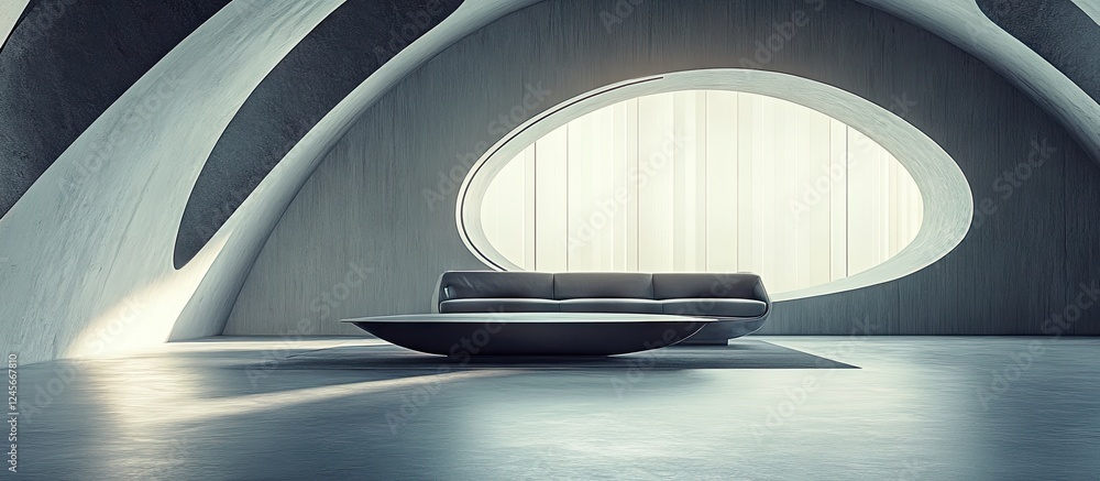 Poster futuristic interior design with a grey sofa and minimalist round table on a concrete floor highlight