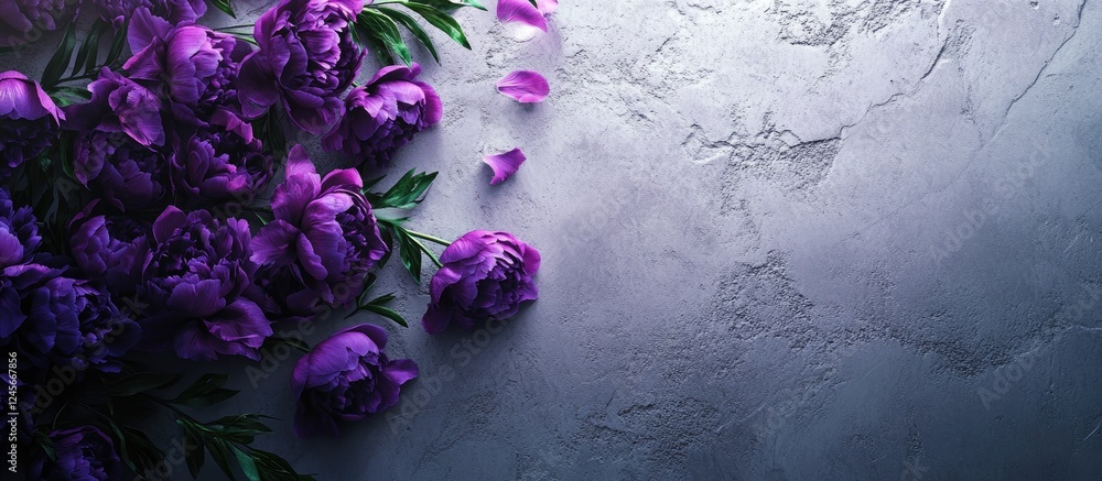 Poster vibrant purple peonies arranged on a rugged white stone table with ample space for text creating a b