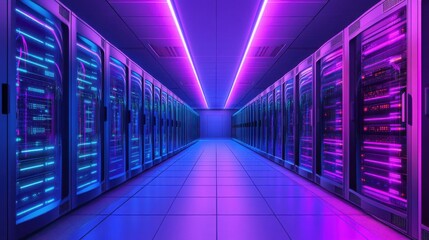 Fototapeta premium Futuristic Data Center with Neon Lighting and High-Tech Equipment