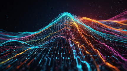 Cyber big data flow. Blockchain data fields. Network line connect stream. Concept of AI technology, digital communication, science research, 3D illustration music waves