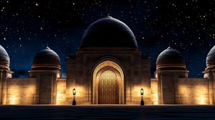 Fototapeta premium Majestic architectural structure illuminated at night under a starry sky, showcasing intricate details