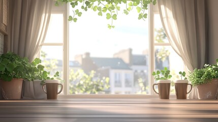 Fototapeta premium Sunny windowsill, coffee mugs, shamrocks, city view, product display