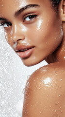 Naklejka premium Close-up of a woman's radiant, dewy skin with water droplets, capturing the essence of freshness and vitality. The image highlights natural beauty and the purity of water