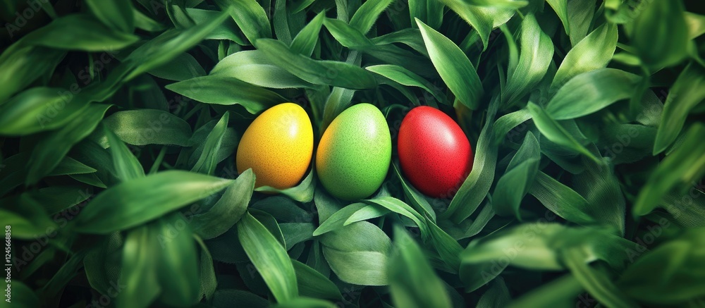 Aufkleber three colorful easter eggs yellow green and red arranged in a row on bright green grass creating a f