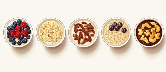 Colorful bowls of oatmeal topped with fresh berries and nuts arranged in a row on a pale background showcasing healthy breakfast options.