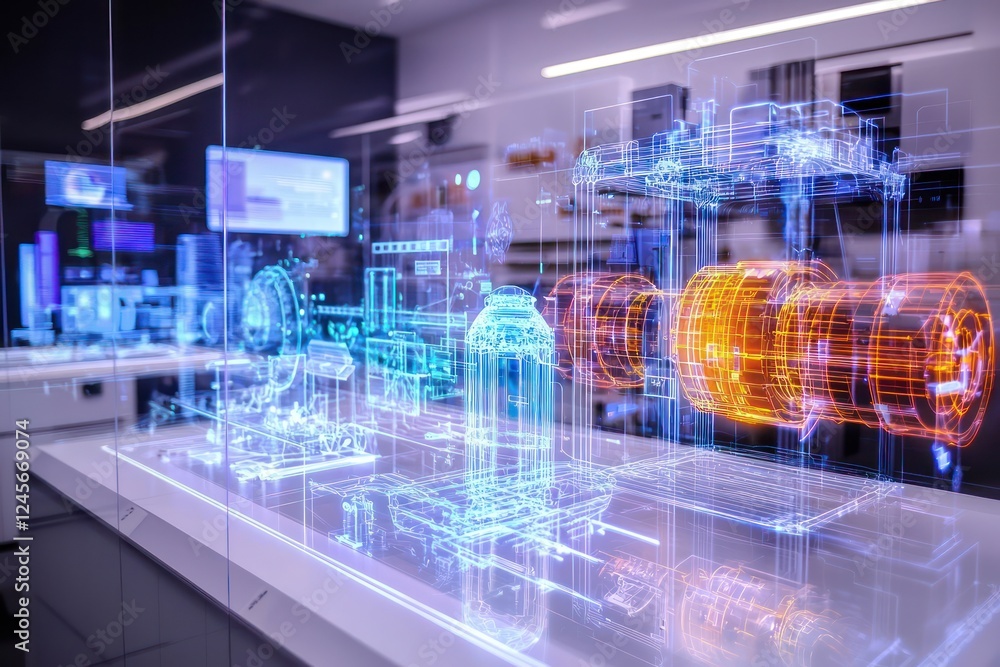 Poster visualizing energy harvesting tech in a lab setting through detailed holographic models.