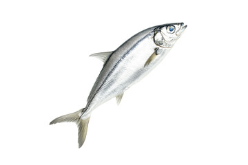 Fresh sardine fish with detailed scales and fins isolated on white transparent background, symbolizing canned seafood