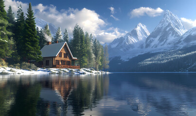 Fototapeta premium House by a Still Lake Surrounded by Snowy Peaks for a Quiet, Picturesque Retreat