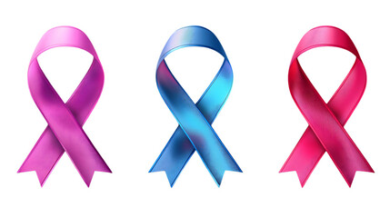A set of awareness ribbons in vibrant colors like pink, blue, and red, isolated on a transparent background, highlighting their meaning and solidarity