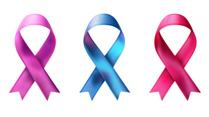 A set of awareness ribbons in vibrant colors like pink, blue, and red, isolated on a transparent background, highlighting their meaning and solidarity