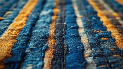 Close-up of a multicolored woven rag rug with blue and gold stripes.