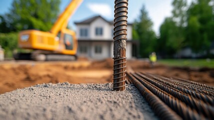 Close-up of rebar in wet concrete, excavator and house blurred in the background, suggesting a foundation being laid.
