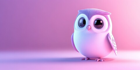Fototapeta premium A cute, stylized owl with large eyes, set against a soft pink background.