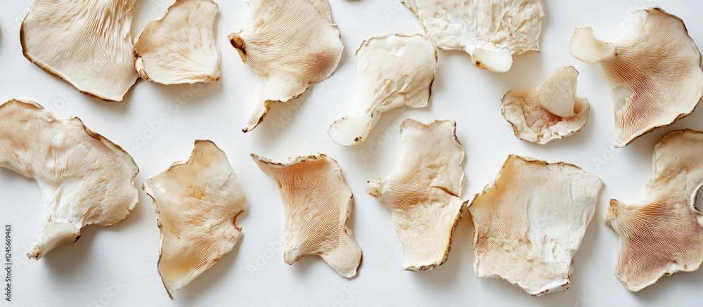 Poster sliced king oyster mushroom pieces with a beige and cream color palette arranged on a white backgrou