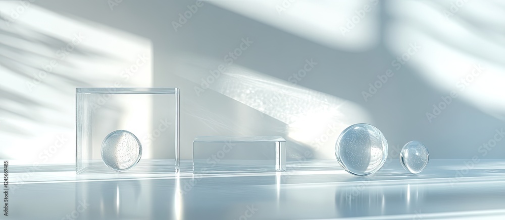 Poster minimalist composition featuring translucent geometric shapes, including a cube and spheres, softly 