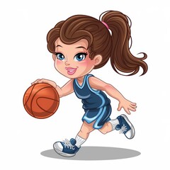 Cute girl dribbling a basketball in cartoon style 