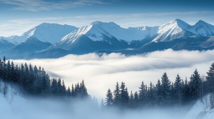 Obraz premium A captivating winter scene where thick mist weaves through a range of snow-capped mountains, with a sense of depth and mystery