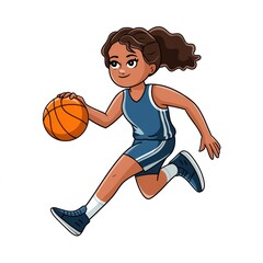 Young girl dribbling a basketball, cartoon style